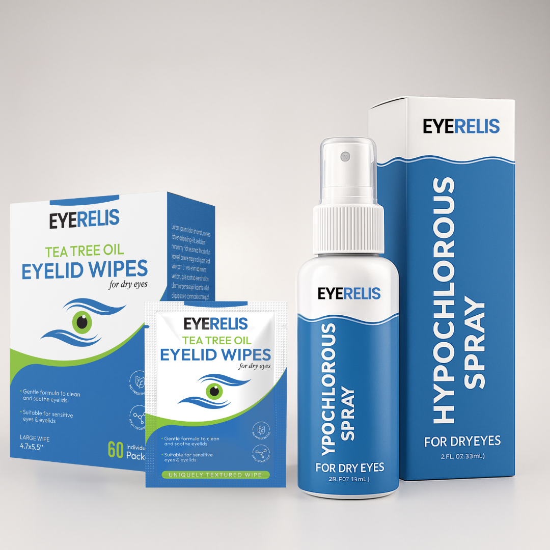 Eyerelis kit - 100 pcs eyelid wipes tea tree oil & 100 ml pure hypochlorous spray bottle