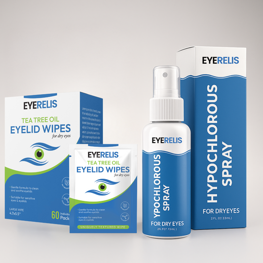 Eyerelis kit - 100 pcs eyelid wipes tea tree oil & 100 ml pure hypochlorous spray bottle